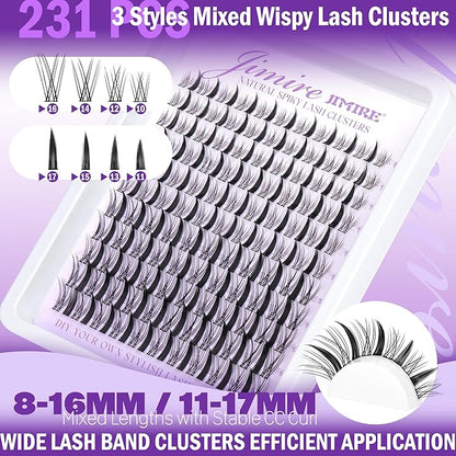 Manga Lash Clusters Eyelash Clusters Wispy 231Pcs D Curl Cluster Eyelash Extensions 11-17MM Wispy DIY Lash Extension Individual Lashes Clusters 2 Styles Lash Spikes by JIMIRE