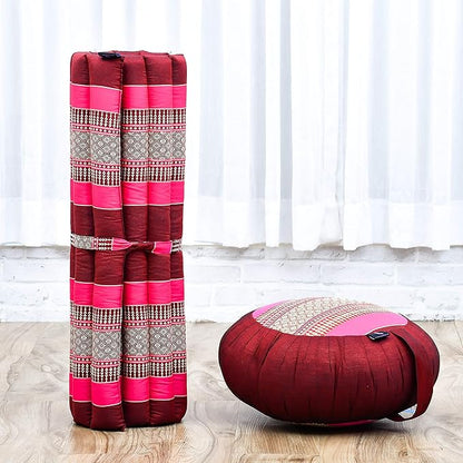 Leewadee Meditation Cushion Set – 1 Round Zafu Meditation Pillow and 1 Square Roll-Up Zabuton Meditation Mat, Pillows Bundle Filled with Kapok