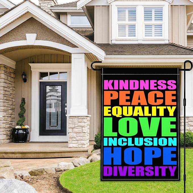 Pride Garden Flag 12x18 Inch Kindness Peace Equality Love Inclusion Hope Diversity Garden Flag 3ply Fabric Vertical Double Sided Printing for Outdoor House Yard Outside Garden Decor