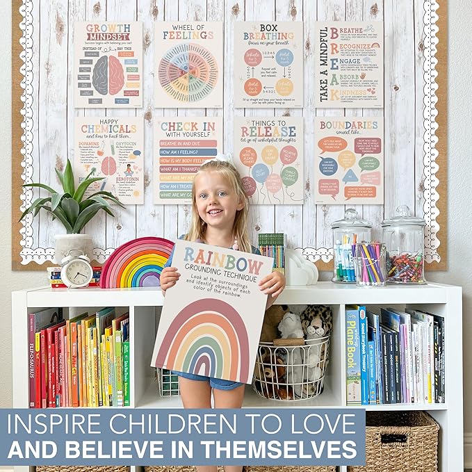 9 Mental Health Posters For Classroom - 11x14" School Counselor Office Decor, Power of Yet & Growth Mindset Poster, School Counseling Posters Elementary - Boho Muted Classroom Decor