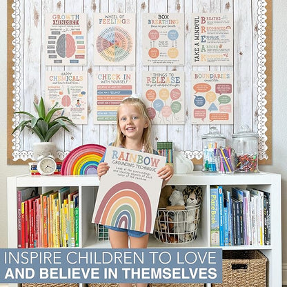 9 Mental Health Posters For Classroom - 11x14" School Counselor Office Decor, Power of Yet & Growth Mindset Poster, School Counseling Posters Elementary - Boho Muted Classroom Decor