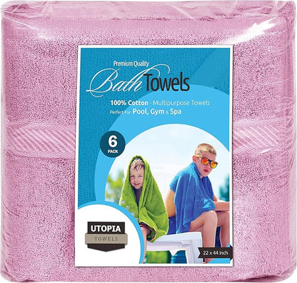 Utopia Towels 6 Pack Small Bath Towel Set, 22 by 44 Inches, 500 GSM 100% Ring Spun Cotton, Lightweight and Highly Absorbent Quick Drying Premium Towels for Hotel, Spa and Bathroom, Pink