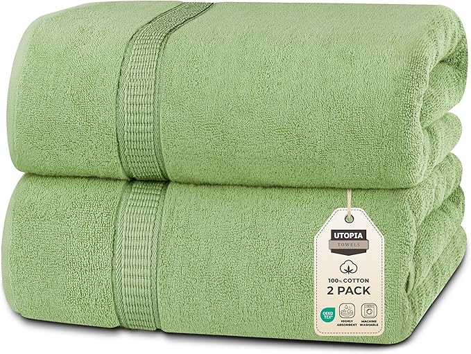 Utopia Towels Luxurious Jumbo Bath Sheet 2 Piece, 600 GSM, 35 by 70 Inches, 100% Ring Spun Cotton, Highly Absorbent and Quick Dry Extra Large Bath Towel, Super Soft Towel, Sage Green