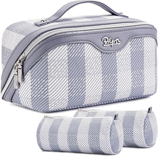 BOYATU Travel Makeup Bag Organizer Cosmetic Bag: 3 Pcs Set Make up Bags for Women with Handle - Waterproof Vegan Leather Toiletry Bags Travel Essentials Pouch with Compartments (F-05-Blue)