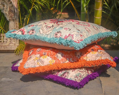 Mandala Life ART Square Meditation Cushion Cover with Fringes - 26 inches - Printed Vintage Blue Cotton Boho Chic Pillow Case