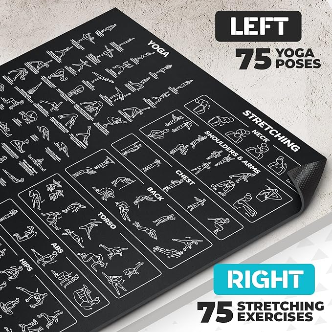 Extra-Large Instructional Yoga Mat with Poses Printed On It - 3X Bigger & 2X Wider than Regular Workout Mats - 150 Illustrated Yoga Poses and Stretches - Wide, Non-Slip, Barefoot Exercise Mat