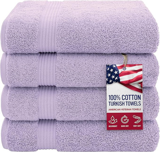 American Veteran Towel, 100% Cotton Turkish Bath Towels for Bathroom 4 Pack, 27x54 Extra Large Premium Soft Drying Bathroom Towels, Lilac
