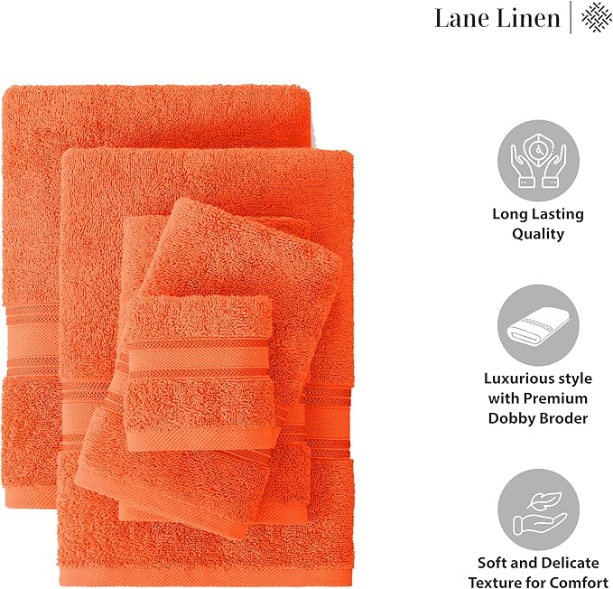 Lane Linen 100% Cotton Luxury Bath Towel Set - 18 Pieces - Zero Twist, Super Soft & Highly Absorbent - 6 Bath, 6 Washcloths, 6 Hand Towels for Bathroom - Minimal Lint & Fading, Pre Shrunk - Tiger Lily