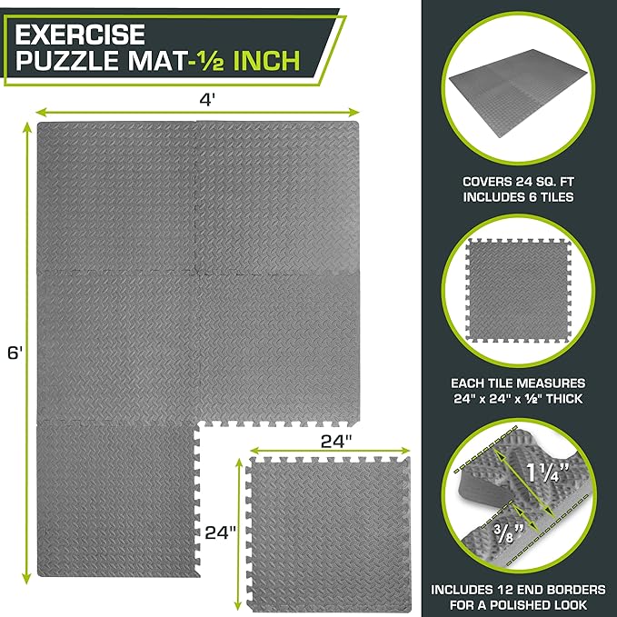 ProsourceFit Puzzle Exercise Mat ½ in, EVA Interlocking Foam Floor Tiles for Home Gym, Mat for Home Workout Equipment, Floor Padding for Kids