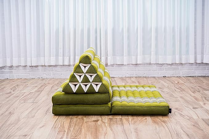 Leewadee Comfortable Japanese Floor Mattress - Thai Floor Bed with Triangle Cushion - Futon Mattress - XL Extra Wide Thai Massage Mat, 67 x 31 inches, Green, Kapok Filling