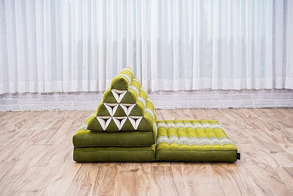 Leewadee Comfortable Japanese Floor Mattress - Thai Floor Bed with Triangle Cushion - Futon Mattress - XL Extra Wide Thai Massage Mat, 67 x 31 inches, Green, Kapok Filling