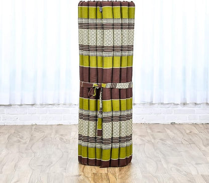 Leewadee - Kapok Roll Mat – Handcrafted Folding Sleep & Relaxation Mattress from Thailand, Ideal as Guest Bed, Camping Mat, Yoga Mat or Traditional Futon, 75 x 39 inches, Brown Green