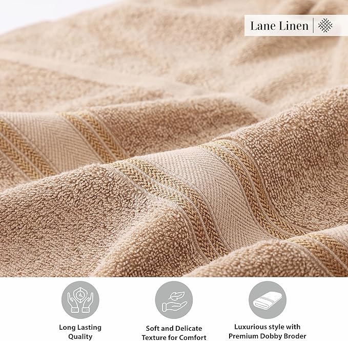 LANE LINEN 100% Cotton Bath Towels Set of 4 (28"x54") - Zero Twist, Cotton Bathroom Towel Sets - Quick Dry, Highly Soft & Absorbent Large Shower Towels for Bathroom - Sustainabaly Produced - Taupe