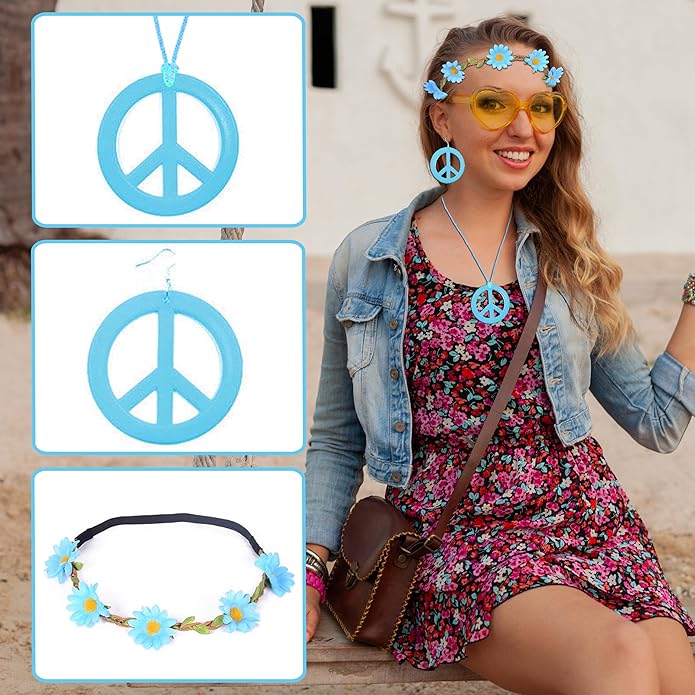 choice of all Peace Sign Necklace Earrings Sunflower Headband Set for Women 60s 70s Outfits Hip Hop Hippie Jewelry Halloween Costume Accessories