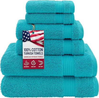 American Veteran Towel, 100% Cotton Turkish 6 Piece Towel Set Luxury Towels Set of 6 for Bathroom Essentials 2 Bath Towels 2 Hand Towels 2 Washcloths, Aqua Blue