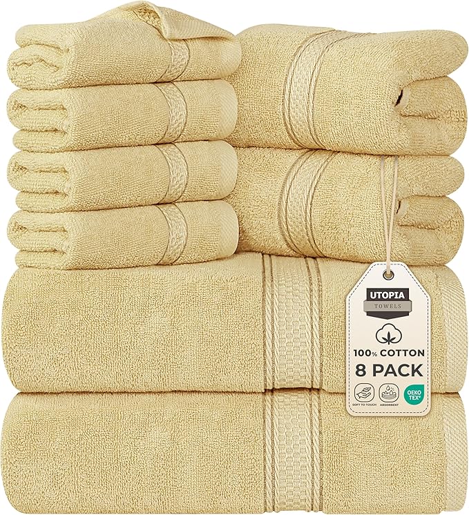 Utopia Towels 8-Piece Premium Towel Set, 2 Bath Towels, 2 Hand Towels, and 4 Wash Cloths, 600 GSM 100% Ring Spun Cotton Highly Absorbent Towels for Bathroom, Gym, Hotel, and Spa (Beige)