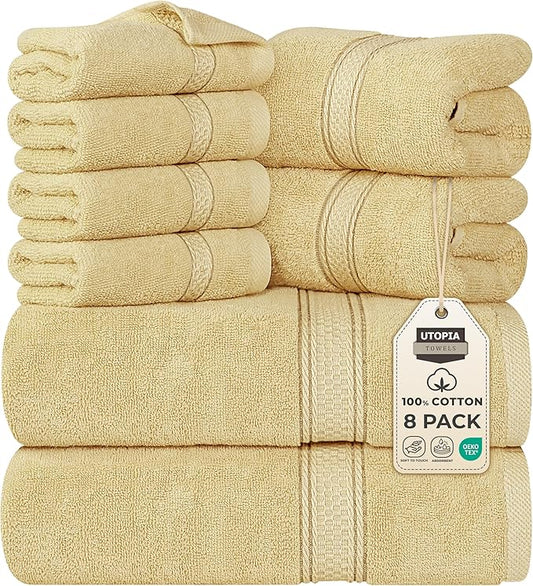 Utopia Towels 8-Piece Premium Towel Set, 2 Bath Towels, 2 Hand Towels, and 4 Wash Cloths, 600 GSM 100% Ring Spun Cotton Highly Absorbent Towels for Bathroom, Gym, Hotel, and Spa (Beige)