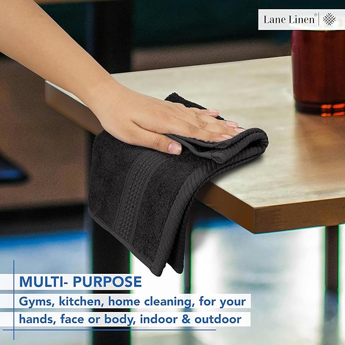 LANE LINEN 100% Cotton Washcloths 24 Pack - Spa & Salon Quality Face Towels - Ring Spun, Soft & Absorbent Wash Cloths for Body, Beauty, Home, Gym - Fingertip Towels Set- 13"x13", Black Washcloths