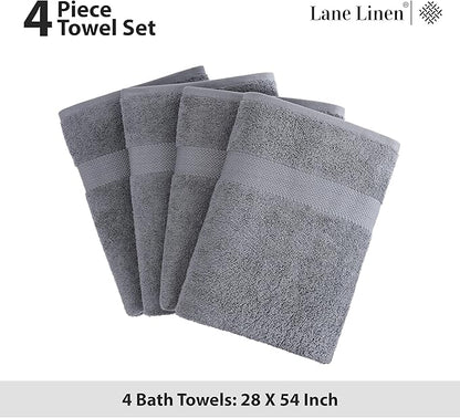 LANE LINEN 100% Cotton 4 Pack Bath Towels Set (28"x54") - Ring Spun, Large Cotton Towels for Bathroom - Quick Dry, Soft & Absorbent Bath Towel Set - Remains Soft After Multiple Washes - Cool Grey