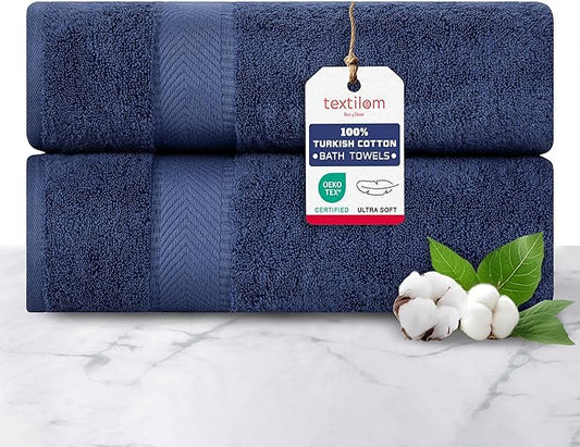 TEXTILOM 100% Turkish Cotton 2 Pcs Bath Towel Set, Luxury Bath Towels for Bathroom, Soft & Absorbent Hotel Quality Bathroom Towels Set (27 x 54 inches)- Navy