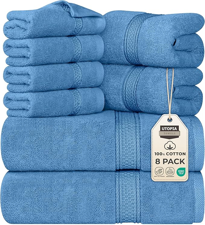 Utopia Towels 8 Piece Premium Towel Set, 2 Bath, 2 Hand, and 4 Wash Cloths, 600 GSM 100% Ring Spun Cotton, Highly Absorbent Towels for Bathroom, Gym, Hotel, and Spa, Electric Blue
