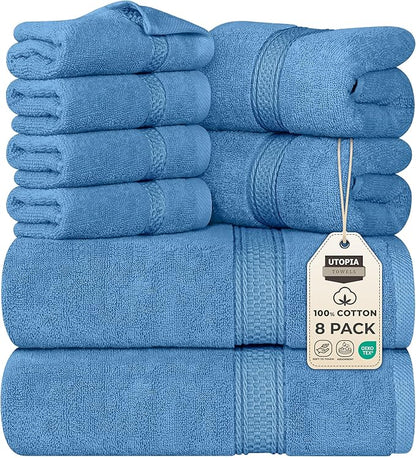 Utopia Towels 8 Piece Premium Towel Set, 2 Bath, 2 Hand, and 4 Wash Cloths, 600 GSM 100% Ring Spun Cotton, Highly Absorbent Towels for Bathroom, Gym, Hotel, and Spa, Electric Blue