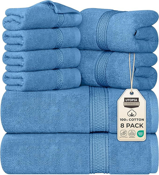 Utopia Towels 8 Piece Premium Towel Set, 2 Bath, 2 Hand, and 4 Wash Cloths, 600 GSM 100% Ring Spun Cotton, Highly Absorbent Towels for Bathroom, Gym, Hotel, and Spa, Electric Blue