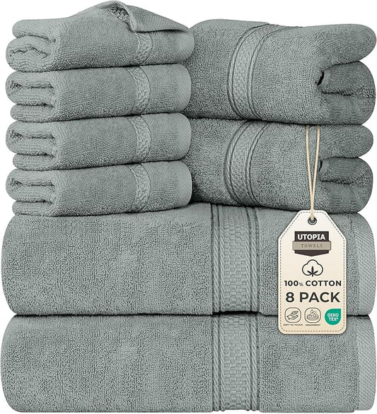 Utopia Towels 8 Piece Premium Towel Set, 2 Bath, 2 Hand, and 4 Wash Cloths, 600 GSM 100% Ring Spun Cotton, Highly Absorbent Towels for Bathroom, Gym, Hotel, and Spa, Cool Grey