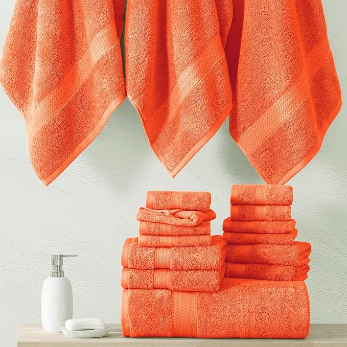 LANE LINEN 100% Luxury Cotton Towel Set for Bathroom - 24 Pc- Absorbent, Skin Friendly, Quick Drying - 2 Bath Sheets, 4 Bath, 6 Hand Towel, 8 Washcloth, 4 Fingertip - Durable & Fluffy - Living Coral