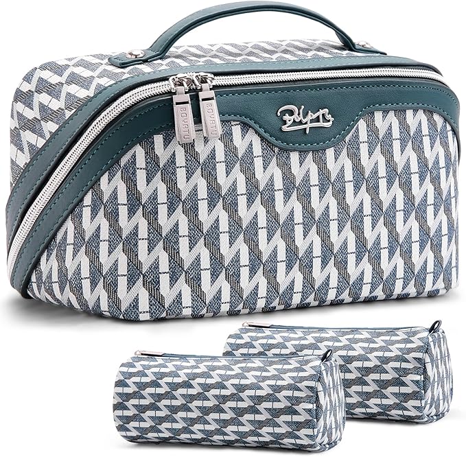 BOYATU Travel Makeup Bags for Women: Large Capacity Cosmetic Bag Set of 3 - Vegan Leather Make up Bags with Compartments - Wide Open Waterproof Toiletry Organizer Bag with Handle (E-01-Royal blue)