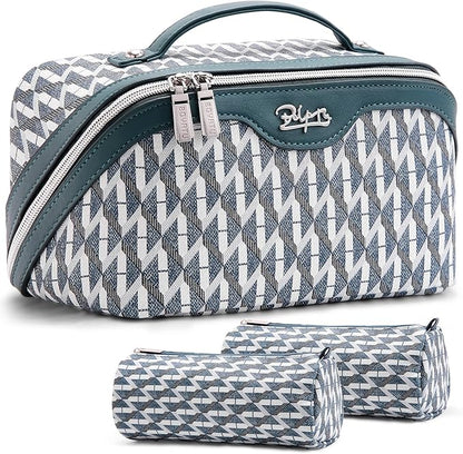 BOYATU Travel Makeup Bags for Women: Large Capacity Cosmetic Bag Set of 3 - Vegan Leather Make up Bags with Compartments - Wide Open Waterproof Toiletry Organizer Bag with Handle (E-01-Royal blue)
