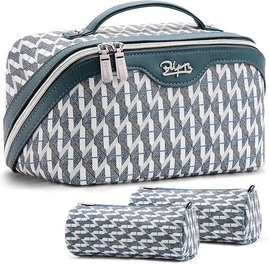 BOYATU Travel Makeup Bags for Women: Large Capacity Cosmetic Bag Set of 3 - Vegan Leather Make up Bags with Compartments - Wide Open Waterproof Toiletry Organizer Bag with Handle (E-01-Royal blue)