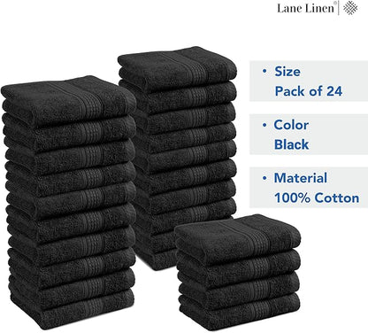 LANE LINEN 100% Cotton Washcloths 24 Pack - Spa & Salon Quality Face Towels - Ring Spun, Soft & Absorbent Wash Cloths for Body, Beauty, Home, Gym - Fingertip Towels Set- 13"x13", Black Washcloths
