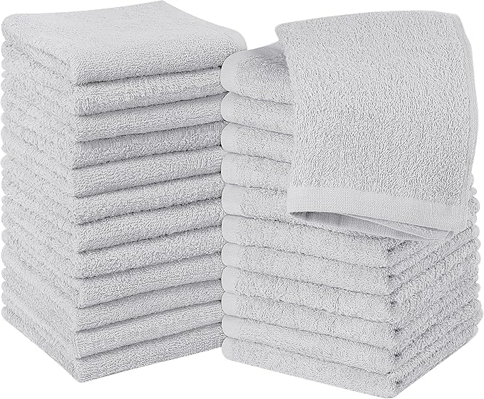 Utopia Towels 24 Pack Cotton Washcloths Set, 100% Ring Spun Cotton, Premium Quality Flannel Face Cloths, Highly Absorbent and Soft Feel Fingertip Towels, Silver