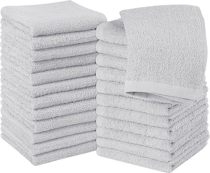 Utopia Towels 24 Pack Cotton Washcloths Set, 100% Ring Spun Cotton, Premium Quality Flannel Face Cloths, Highly Absorbent and Soft Feel Fingertip Towels, Silver