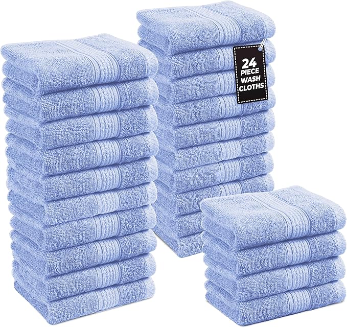LANE LINEN 100% Cotton Wash Cloths 24 Pack - Spa & Salon Quality - Ring Spun Cotton Face Cloths- Soft & Absorbent Washcloths for Shower, Home, Kitchen - Fingertip Towels - 13"x13", Cerulean Blue