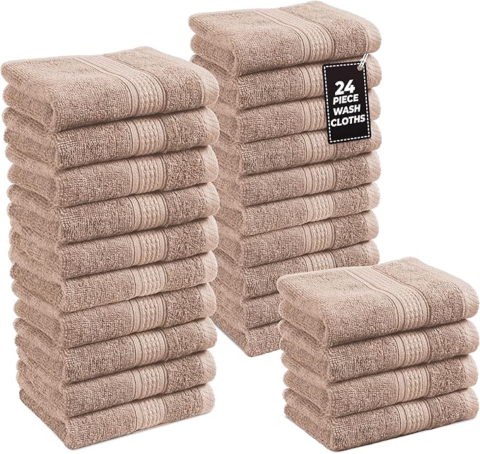 LANE LINEN Washcloths 24 Pack - Spa & Salon Quality - 100% Ring Spun Mercerized Cotton Face Towels - Very Soft & Absorbent Wash Cloths for Body, Beauty, Home, Gym - Fingertip Towels - 13"x13", Taupe