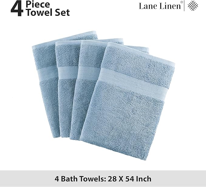 LANE LINEN 100% Cotton 4 Pack Bath Towels (28"x54") - Ring Spun Mercerized Cotton Bathroom Towels Set - Quick Dry, Soft & Absorbent Large Bath Towels - Machine Wash in Cold Water - Cerulean Blue