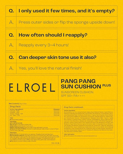 Pang Pang Sun Cushion Plus - Korean Hypoallergenic & Lightweight Sunscreen with Puff Sponge - Broad Spectrum SPF50+ PA++++ (0.53 oz)