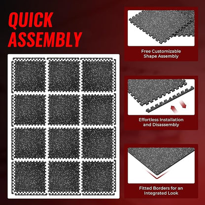 SUPERJARE 0.79'' Extra-Thick Exercise Equipment Mats, 12 Pcs 48 Sq Ft Rubber Top Floor Tiles with High Density EVA Foam, Interlocking Gym Flooring for Home Gym, Workout Mat, Black/Grey