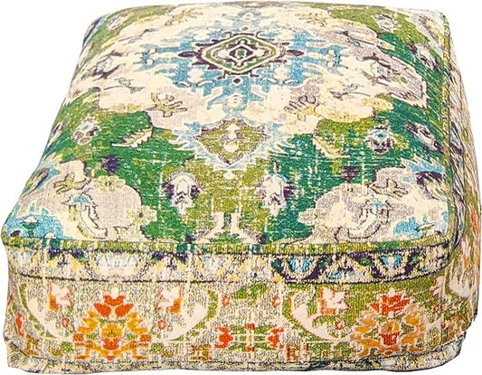 Mandala Life ART Moroccan Pouf Ottoman Cover Green Square Meditation Pillow Case Boho Room Décor Moroccan Seating Area Perfect for Living Room, Bedroom, Nursary or Children Room Cotton 24x8 Unstuffed