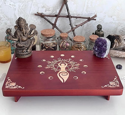 Altar Table, Meditation Table, Small Altar Table, Wooden Witch Altar, Wiccan Alter Table, Buddhist Shrine, Engraved Spiral Goddess on Table Top, 12 × 8 inches