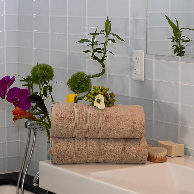 Mosobam Luxury Turkish Set of 4 Bath Towels 30X58 Light Taupe Oversize 700 GSM Bamboo Viscose & Aegean Turkish Combed Cotton