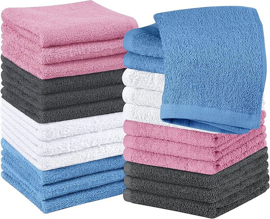 Utopia Towels 24 Pack Cotton Washcloths Set, 100% Ring Spun Cotton, Premium Quality Flannel Face Cloths, Highly Absorbent and Soft Feel Fingertip Towels, White, Grey, Electric Blue, Pink