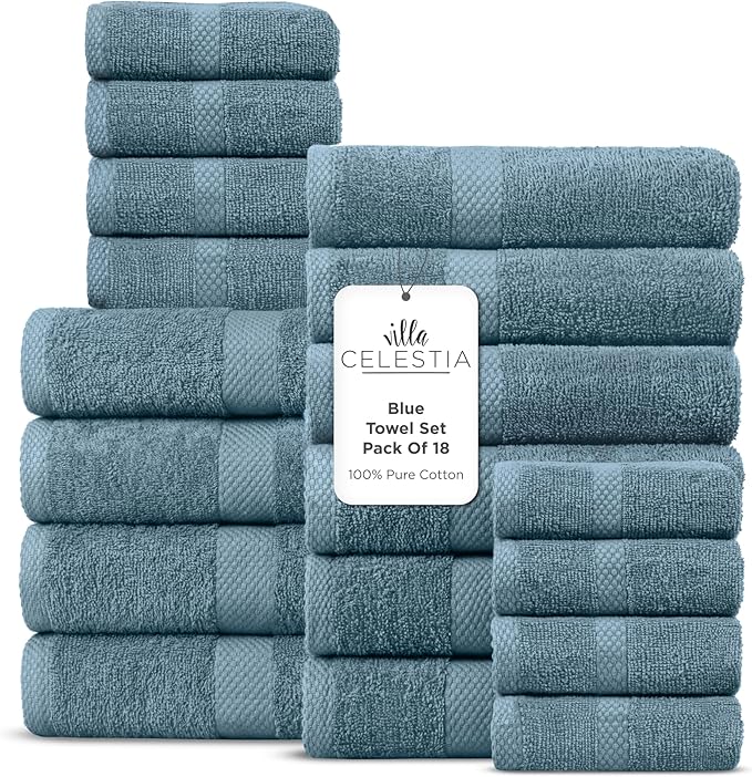 100% Cotton Bath Towel Set of 18-4 Bath Towels, 6 Hand Towels, 8 Wash Cloths, Sustainable, Soft, Highly Absorbent, Combed Cotton 18 Piece Set for Hotels, Spa, Bathroom, Dorm, Blue