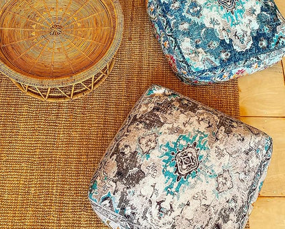 Mandala Life ART Boho Floor Cushion Cover Gray Square Moroccan Pouf Ottoman Pillow for Meditation Yoga and Boho Chic Low Seating Area Cotton 24x8 Unstuffed