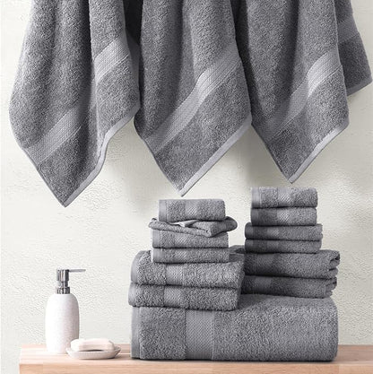 LANE LINEN Cotton Bath Towel Set - 24 Pcs - Highly Absorbent, Quick Dry & Ultra Soft - 2 Bath Sheets, 4 Bath, 6 Hand Towels, 8 Washcloths, 4 Fingertip - Oeko Tex Certified - Space Grey