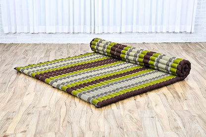 Leewadee - Foldable Floor Mattress - Japanese Roll Up Futon -Trifold Tatami Mat- Guest Floor Bed - Camping Mattress - Thai Massage Mat, Kapok Filled, 75 x 57 inches, Brown Green