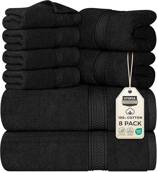 Utopia Towels 8 Piece Premium Towel Set, 2 Bath, 2 Hand, and 4 Wash Cloths, 600 GSM 100% Ring Spun Cotton, Highly Absorbent Towels for Bathroom, Gym, Hotel, and Spa, Black