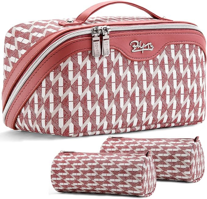 BOYATU Travel Makeup Bags for Women: Large Capacity Cosmetic Bag Set of 3 - Vegan Leather Make up Bags with Compartments - Wide Open Waterproof Toiletry Organizer Bag with Handle (E-03-Red)
